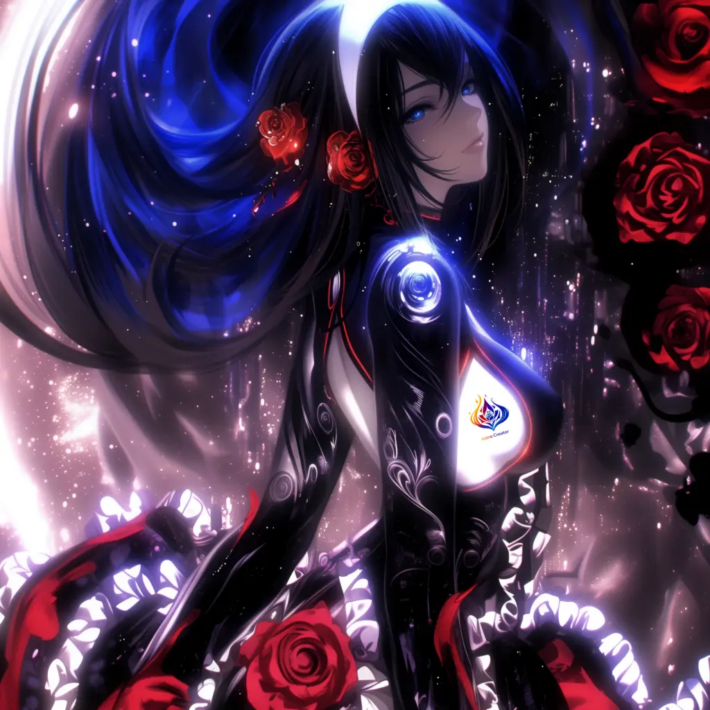 黒と深紅を基調とした妖艶な女性キャラクター・ヴェルナが、宇宙の闇と深淵の光をまとって微笑む姿。髪に赤いバラを飾り、流れるような黒の衣装が銀河の模様を反射している。 A mysterious and alluring female character, Verna, dressed in cosmic black and crimson, adorned with roses and illuminated by starlit shadows, standing between the abyss and the universe.