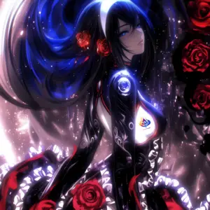 黒と深紅を基調とした妖艶な女性キャラクター・ヴェルナが、宇宙の闇と深淵の光をまとって微笑む姿。髪に赤いバラを飾り、流れるような黒の衣装が銀河の模様を反射している。 A mysterious and alluring female character, Verna, dressed in cosmic black and crimson, adorned with roses and illuminated by starlit shadows, standing between the abyss and the universe.
